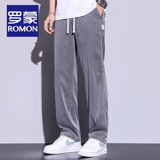 罗蒙（ROMON）夏季薄款天丝牛仔裤男士宽松直筒休闲阔腿裤男冰丝长裤子 连帽1048黑色-HJ连 帽 M
