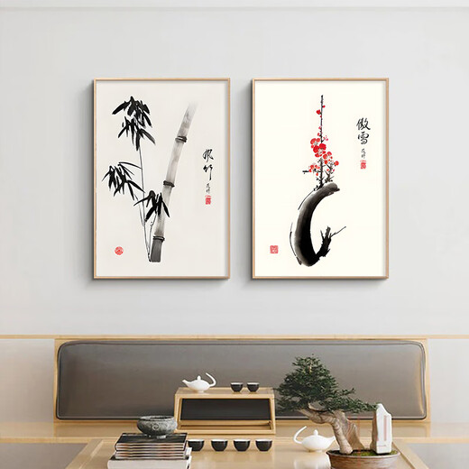 Detian calligraphy and painting living room decorative painting background wall bamboo hanging painting tea room calligraphy and painting mural Chinese painting office wall hanging ink painting wall L type - running water makes money black frame 60cm wide * 80cm high definition texture picture