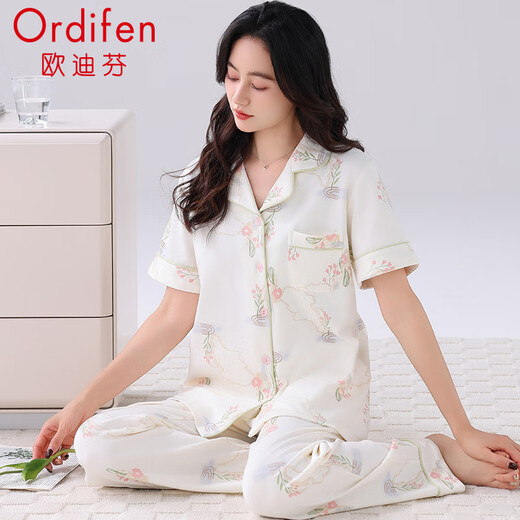 欧迪芬（Ordifen）女士睡衣女夏季100%纯棉短袖长裤家居服女舒适可外穿翻领休闲套装