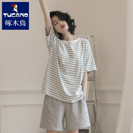 啄木鸟2025年新款睡衣女夏季纯棉短袖两件套夏天条纹家居服 YZ9848黑条纹 L 女款 建议100-120斤