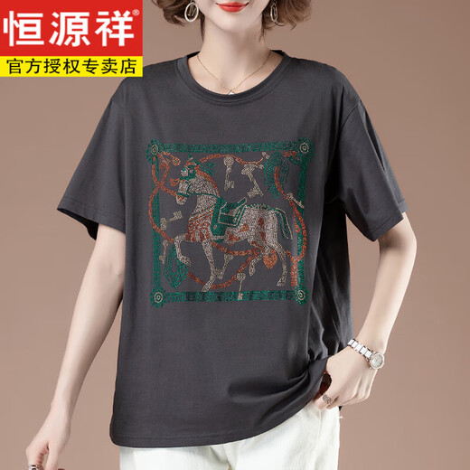 恒源祥胖mm短袖t恤女夏季大码宽松纯棉烫钻中年妈妈显瘦全棉薄款上衣女 黑色【9896款】 XL 115-130斤