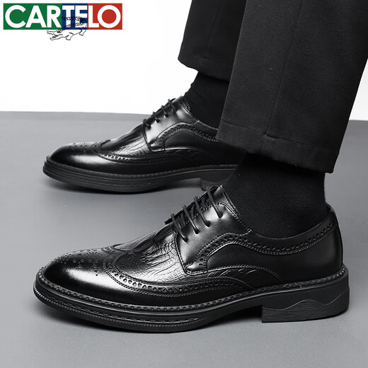 CARTELO crocodile leather shoes men's cowhide business casual formal wedding British brogue carved men's shoes 6533 black 42