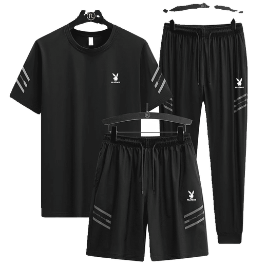 Playboy (PLAYBOY) high-end casual sports suit men's summer ice silk thin loose fast drying breathable short sleeve two-three piece set GF1389 black shorts two-piece set 4XL (suitable for 170-185 Jin [Jin equals 0.5 kg])