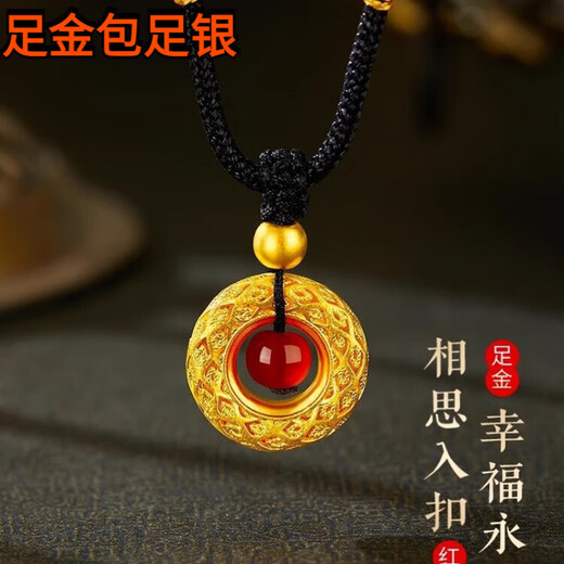 Dewey Fan gold-wrapped 999 pure gold G24 gold Phoenix feather safety buckle gold red agate pendant braided necklace ancient craftsmanship Phoenix feather safety buckle black rope (thick gold layer)