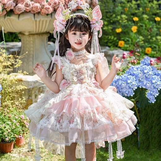
Mikoshan girl Lolita Princess Dress Summer New Style Monet Garden Dress Flower Fairy Lolita Skirt [No Accessories] Pink + bow tail 140