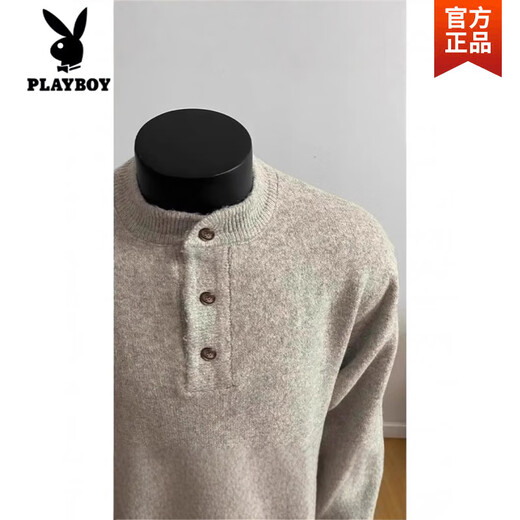 Playboy (PLAYBOY) Gray American Henley Collar Knitted Sweater Men's Long Sleeve Lazy Style Cleanfit Bottoming Sweater Jacket Light Gray High Quality 2XL