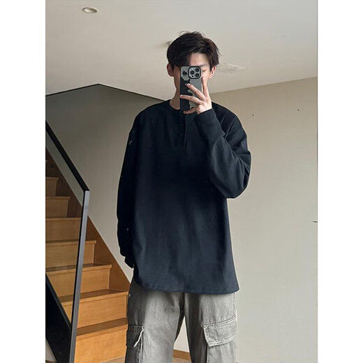 NYING Henry collar velvet sweatshirt for boys 25 autumn and winter new fashion brand simple inner layering shirt loose long-sleeved T-shirt black L (110-130Jin Jin equals 0.5 kg)