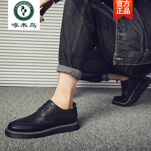 Woodpecker men's summer leather shoes Brock Korean style business casual men's British style versatile breathable inner height-enhancing formal wear 826 full black line 38