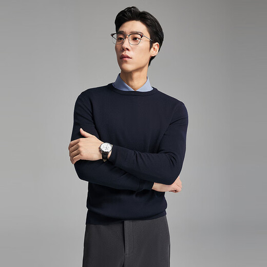 Свитер Youngor, мужской цельношерстяной свитер с круглым вырезом из тонкой замши, гладкий, теплый и удобный, новое поступление 2025 года, темно-синий VYQW619964FYA M, 100 см (рекомендуемый вес 125-145 Джин Цзинь равен 0,5 кг)