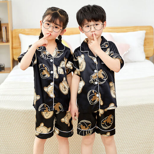 
Chaomeng City summer children's short-sleeved ice silk pajamas boy little girl baby cartoon cute cardigan thin home clothing set 674#boy 170 18 size recommended 140-150cm