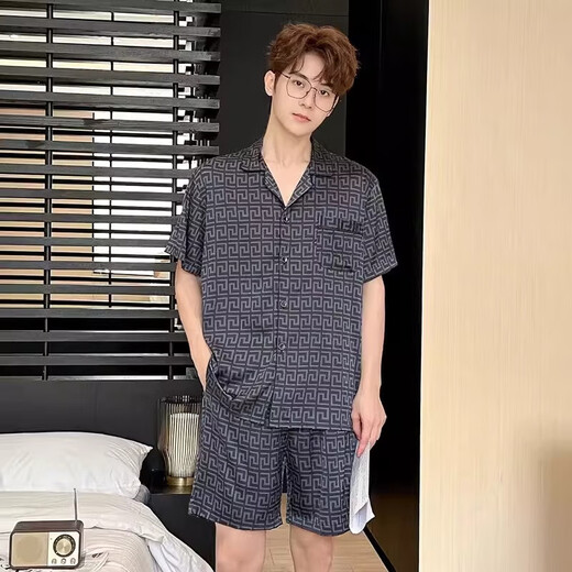 SXMM Marca de primera línea de primera línea Pajamas Men 100% Mulberry Silk Silk Gran Tamaño Ligero de lujo Ropa para el hogar 3899 Gris negro (Embalaje de la caja de regalo) L [Peso: 100-139Jin [Jin es igual a 0.5 kg]]]