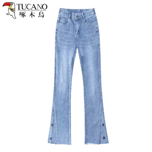 TUCANO; Woodpecker's nine-point micro-flare jeans for women 2025 spring and summer new style semi-elastic high waist slim elastic slim fit embroidered bell-bottom pants blue-6175# nine-point micro-flare trousers thin thin 28 Recommended 100-110Jin [Jin equals 0.5 kg]