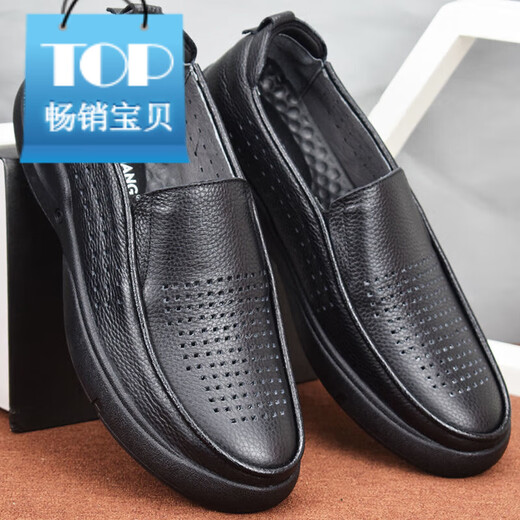 Belle Trail Serie atmungsaktives Stanzen und Loch Sandalen Herren hohl Lederschuhe Herren Soft Soft Dad's Schuhe Echtes Leder Geschäftsluhe Schwarz 6198 Hollow 37 Dieses Modell ist eine Größe größer