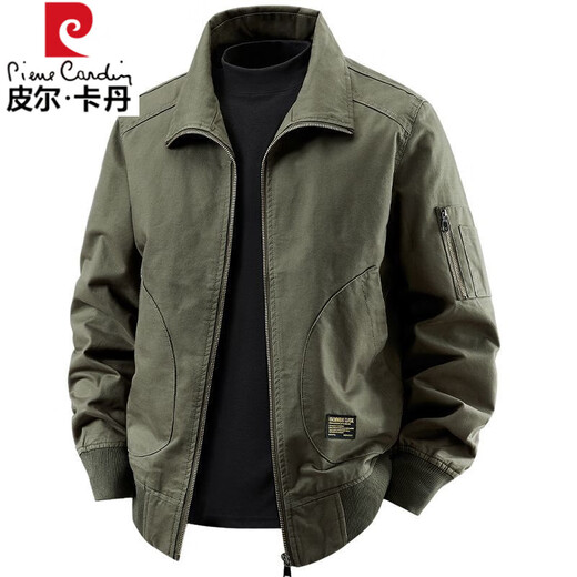 Pierre Cardin 2025 Spring and Autumn Pure Cotton New Pilot Jacket Fashion Men's Loose Casual American Retro Jacket Military Color XL Recommended 130-145 Jin Jin equals 0.5 kg Wear