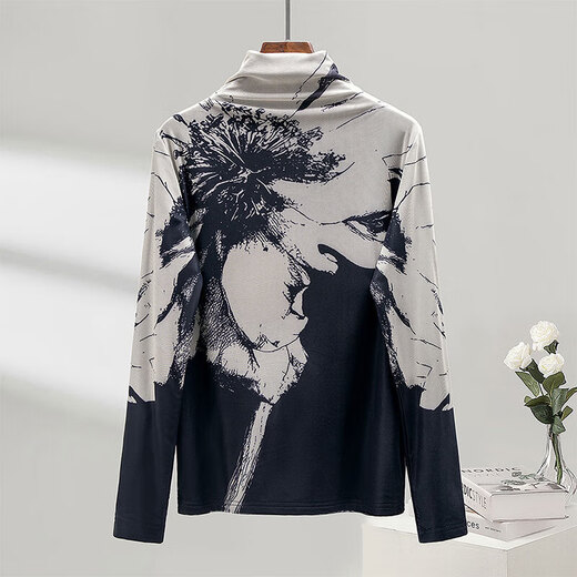 Sibaishe half turtleneck T-shirt 2025 autumn new women's printed slim long-sleeved velvet bottoming shirt
