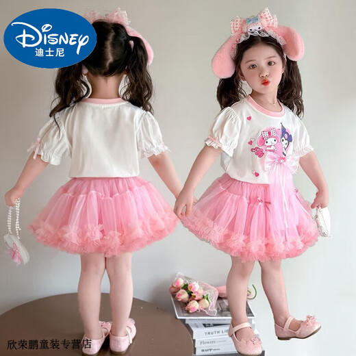 Disney Baby Kinderanzug kleines Mädchen Sommer Melodie Kurzärärmelte Tutu-Rock Mode 2025 Neuer Prinzessinrock Zweiköpfige Pink-Zweiteil-Set [kurzärmelig + Rock] ohne Tasche 140 Empfohlen 130-140 cm 5-6 Jahre alt
