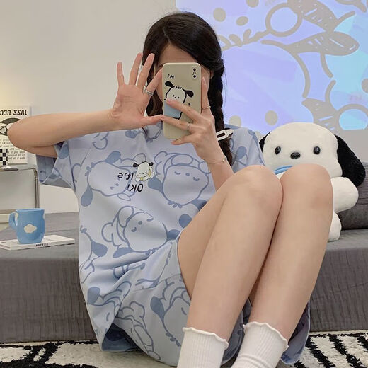 慕枫晴夏季睡衣女短袖短裤套装卡通薄胖MM加大码宽松可外穿睡衣 694卡皮巴拉+695跳跳狗 M 【建议80-98斤】