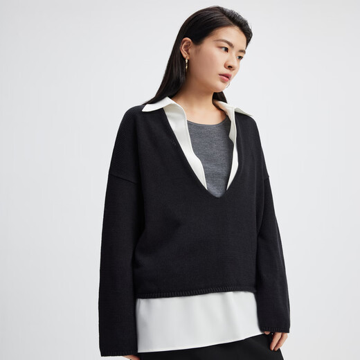 Drei-Farben lose Schulter Silhouette Deep V entspannender Pullover