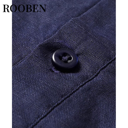 Roben International Luxury High-End-Marke Leinen kurzärmeliges T-Shirt für Herren Baumwollwäsche Sommer-Stand-up-Kragen Thin Chinese Style Lemon Casual Navy Blue One Size 175/L
