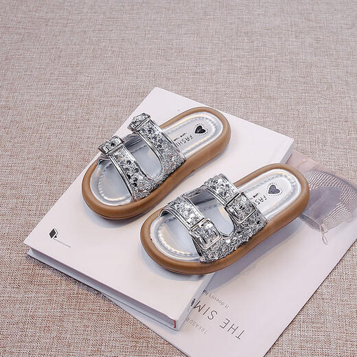 Adorables pantoufles de filles portent l'été nouveau paillettes argentées à la mode fille princesse chaussures pantoufles argent [9913 pantoufles] 26 _shoes longueur d'environ 16,3 cm