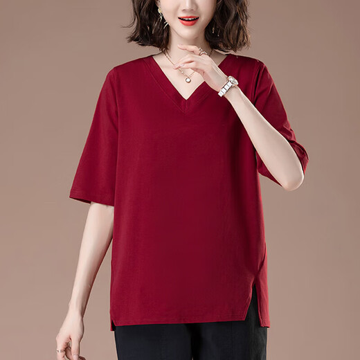 盼萱女士短袖高档女时尚一点中老年人鸡心领中年妇女t恤妈妈装夏宽松 白色KSP-9896款 白色KSP-9896款 L 适合100-115斤