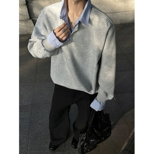 NYING假两件衬衫领卫衣男25秋季新款潮牌重磅痞帅休闲长袖t恤宽松上衣 黑色 XL （130-150斤）