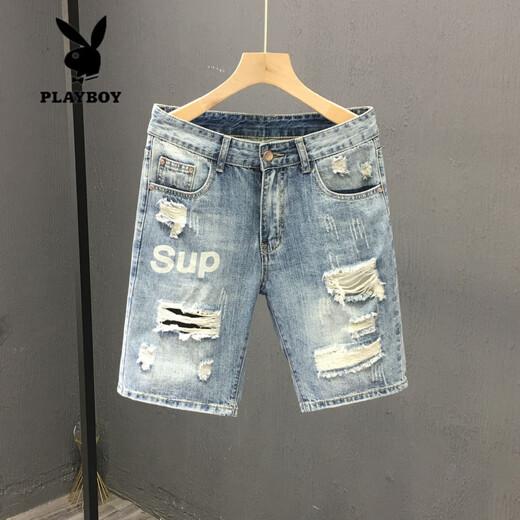 
Playboy (PLAYBOY) trendy internet celebrity guy ripped denim shorts men ins casual beggar mid-trousers summer new four-five 5-point pants (T693) blue 28 (recommended 90-100 Jin [Jin equals 0.5 kg])