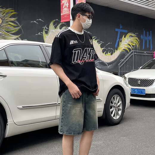 迪伽达美式水洗复古蓝牛仔短裤男夏季新款街头休闲阔腿宽松直筒五分裤 TVFS-826复古蓝 XL