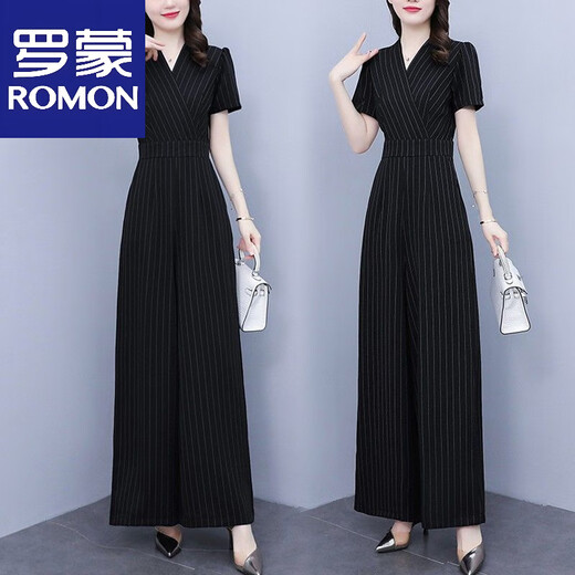 Romon Mode gestreifte Jumpsuit Set Women's Sommer 2025 Neue hohe Taille schlanke Weitbeine Temperament Jumpsuit V-Ausschnitt Schwarz M.