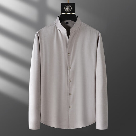 Chaolilong Spring and Autumn Thin Henley Collar Cool Shirt Men's Long Sleeve High-End Mid-mountain Collar Casual Korean Style Trendy Shirt Men's Khaki XL