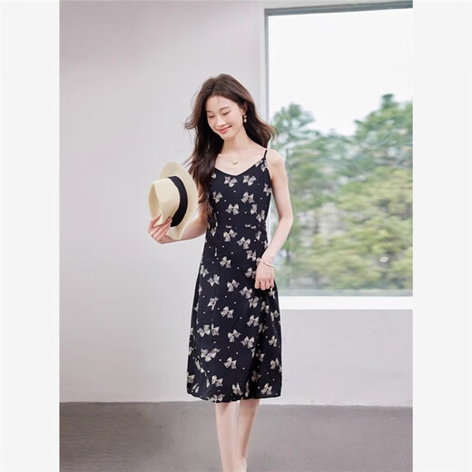 姒桀上海恩迪服饰韩朵羿服饰蝴蝶结吊带连衣裙法式碎花夏季 9928黑色连衣裙 L