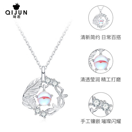 Qijun Blue Eucalyptus and Bird S925 Silver Necklace Girls Silver Pendant Anniversary Birthday Gift for Girlfriend and Wife