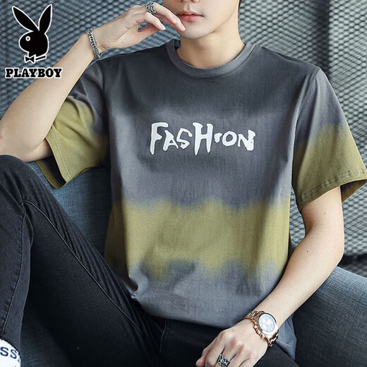 Playboy (PLAYBOY) pure cotton short-sleeved T-shirt for men 2025 new half-sleeved T-shirt loose trendy summer men's top Z829 gray 2XL [Suggested 143-158Jin [Jin equals 0.5 kg]]