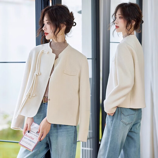 ROMON (ROMON) coat for women's new Chinese style double-sided wool 2025 autumn new style short small wool wool coat leather pink S recommended 90-110Jin [Jin equals 0.5 kg]