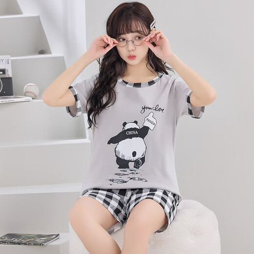 酷章（KUZHANG）大码睡衣女士200斤薄款纯棉夏天宽松套装孕妇短裤短袖空调家居服 q短1396浅绿狗女 M 70-90斤