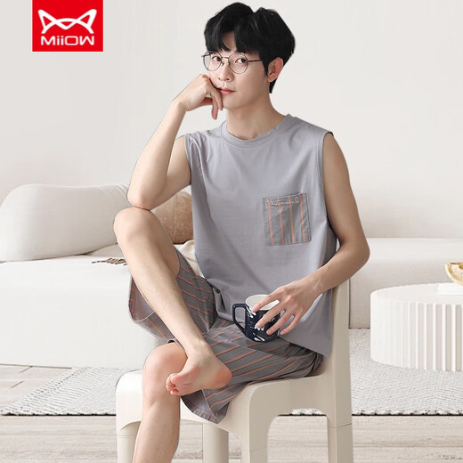 Cat Man (MiiOW) Pajamas Men's Vest Summer Modal Thin Suit Men's Home Clothes Sleeveless Jin Jin is equal to 0.5 kg, plus size two-piece set -12027 Modal Suit L Recommended 100-140 Jin Jin is equal to 0.5 kg