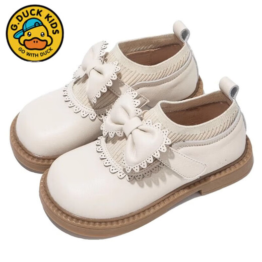G.duck小黄鸭女童公主鞋皮鞋春秋款软底儿童小皮鞋女春季英伦风防滑单鞋 米白色 【现货秒发】 28 内长：17.2cm