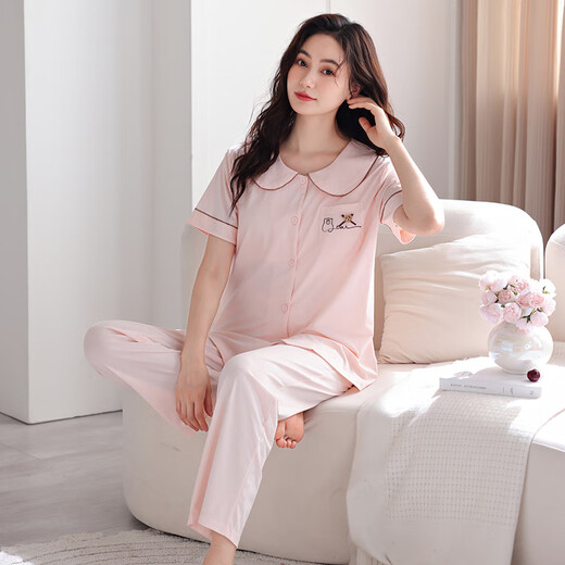 MUJI COM无印muji短袖长裤带胸垫睡衣女夏季纯棉可外穿夏天薄款套装家居服 Z693嫩绿(带胸垫) M 建议80-105斤