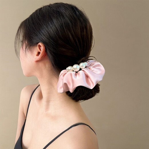 Added Cream Sea Blue Korean Satin Pearl Edge Large Intestine Hair Tie Temperament Gentle Low Ponytail Travel Rubber Band Satin Pearl Hair Tie Apricot