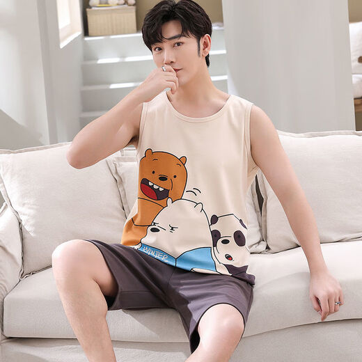 Moxiao vest shorts sleeveless cotton pajamas men's summer student home clothes spring and summer suit summer plus thin cotton vest shorts: 1365 coffee bear M teenage version: 60-75 Jin [Jin equals 0.5 kg] high 150