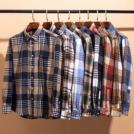 100% pure cotton thickened brushed plaid men's long-sleeved shirt casual loose large size autumn and winter warm and anti-lint 28-8 41 recommended 125-140 Jin Jin equals 0.5 kg