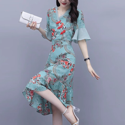 XAE奢侈高档品牌短袖连衣裙女2025夏季新款小个子V领碎花旗袍长裙 粉红色 L