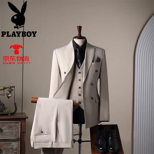 Playboy 2025 Sommeranzug Herrengeschäft formeller Anzug Doppelbruster Anzug Italienischer High-End-Aprikose Bräutigam Hochzeitskleider Sahne Aprikose Drei-teilige Sets 46