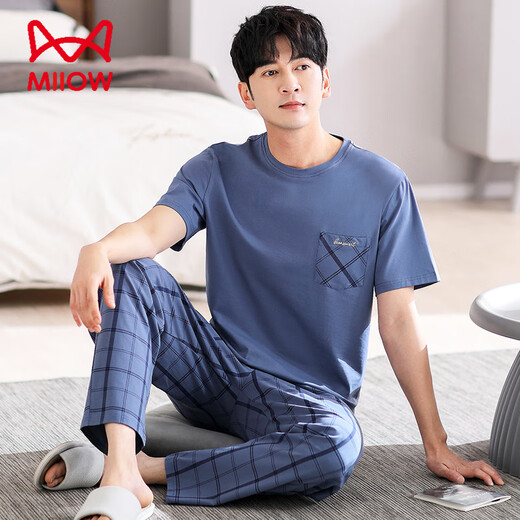 Catman Miiow Pajamas para hombres Algodón puro algodón puro 2025 Juego de ropa para el hogar de un papá de verano de algodón de verano de algodón de verano nuevo de gran tamaño LJF6621 Color de plumas negras [tela suave y amigable para la piel] 3xl [Peso sugerido 180-200 Jin [Jin equivale a 0.5 kg]]]