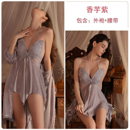 画枕眠（HUAZHENMIAN）连衣裙瑰若感深V惑蝴蝶蕾丝加垫丝绒吊带睡裙外袍家居服装4053 3879黑色（外袍+腰带）+睡裙 M