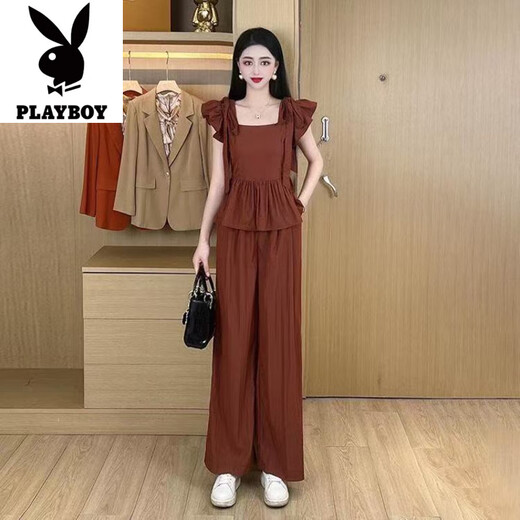 花花公子（PLAYBOY）时尚休闲套装女2025夏季新款洋气减龄方领短袖小个子阔腿裤两件套 咖色【上衣+裤子】好质量套装-旗 3XL 【建议140-150斤】