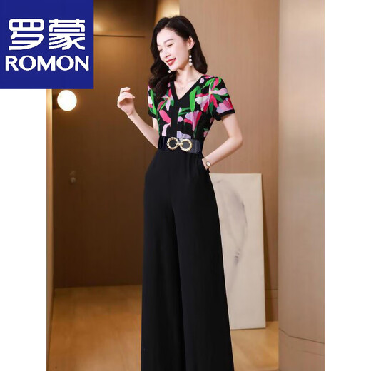 罗蒙（ROMON）长款连体裤女夏2025年新款小香风气质名媛一体式连衣裤 花色【不鎹腰带】 S 100斤内