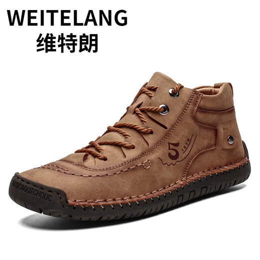 WEITELANG维特朗男士高帮鞋男韩版潮流中帮休闲皮鞋大码马丁靴男英伦风秋季短靴子 9926加绒棕色 38