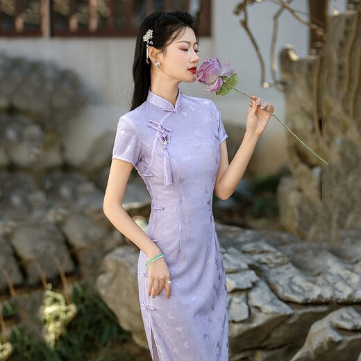 SGJ light luxury brand women's cheongsam women's lace long modified cheongsam national style retro dress slim and can be worn every day 14124 meter white (for pendant) M