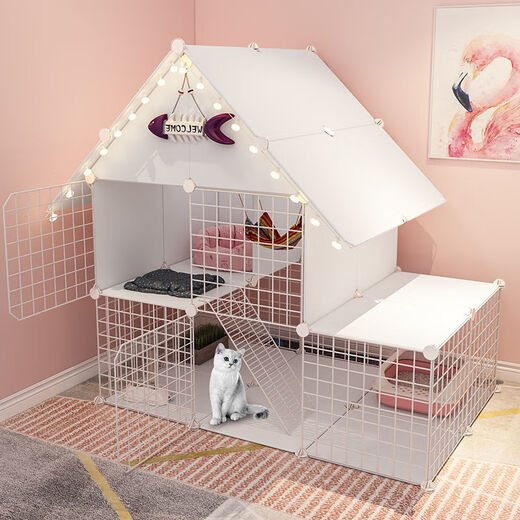 Cat Cage Home Indoor Cat Villa with Toilet Clearance Large Extra Large Free Space Small Cat Nest Cattery Three-story Small Bungalow + Princess Pink-Multi-layer Platform Exclusive Model Hardcover Model + Cat Litter Box + Dual-Purpose Cat Bowl